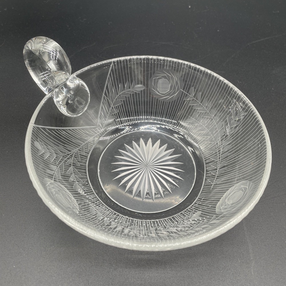 Vintage Czech Bohemian Wheel Engraved Crystal Handled Nappy Rosette Dish